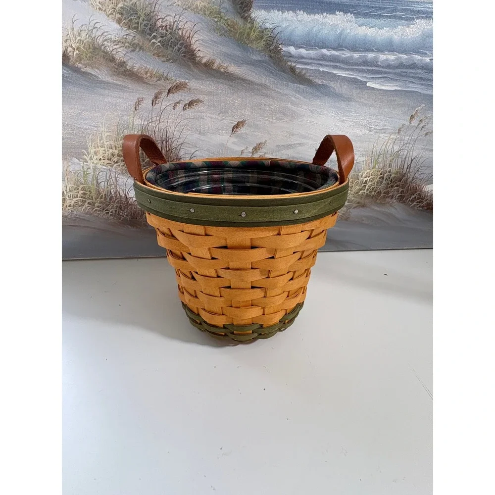 Longaberger Golf Club Basket 2000 Green Trim Plaid Liner Leather Handles 6in